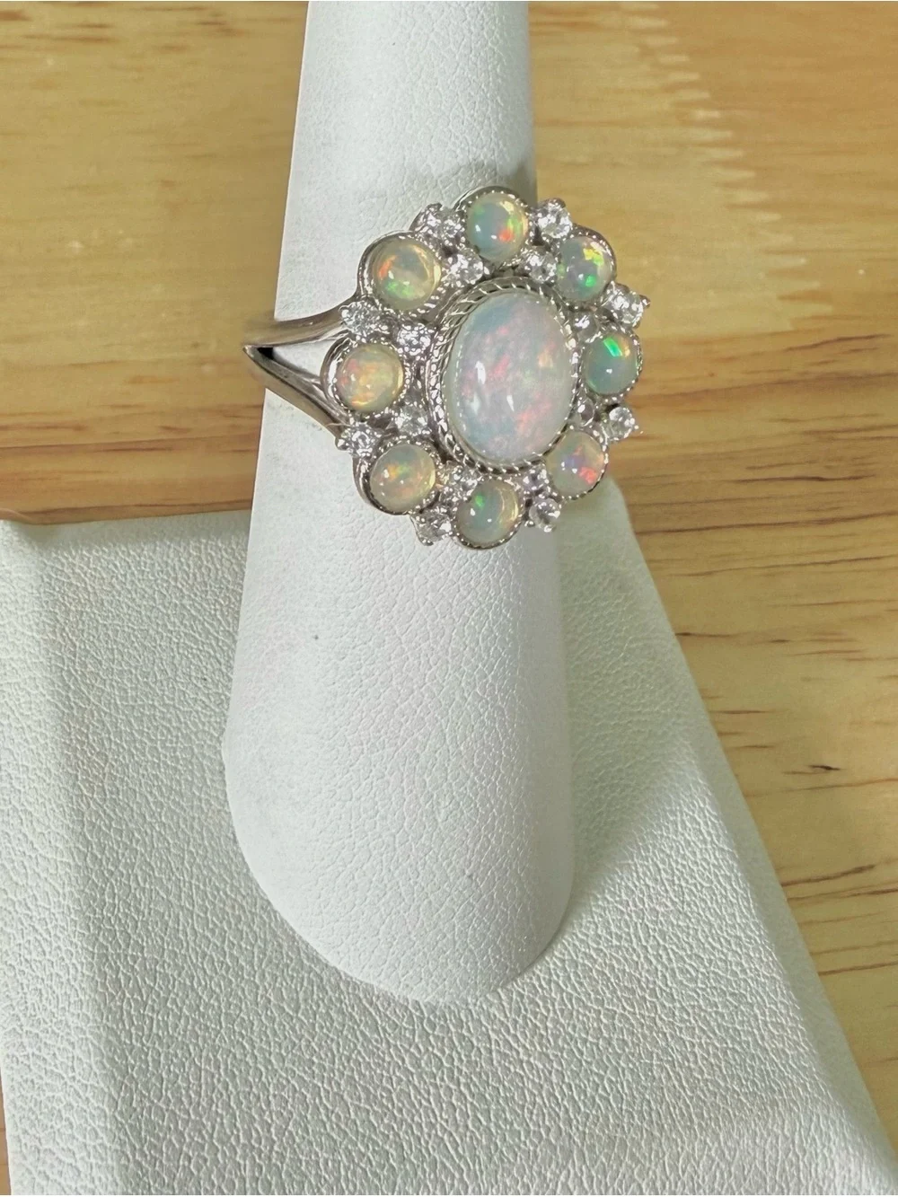 Sterling Silver White Sapphire and Opal Cluster Ring - Size 6